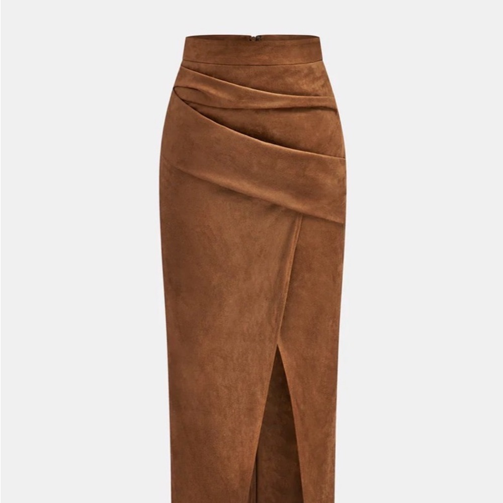 Commense Draped Slit Suede Effect Midi Skirt